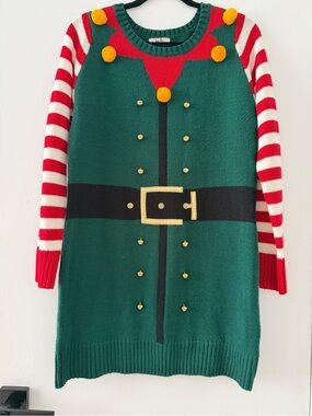 Kids Elf Costume Sweater Dress - Green & Red